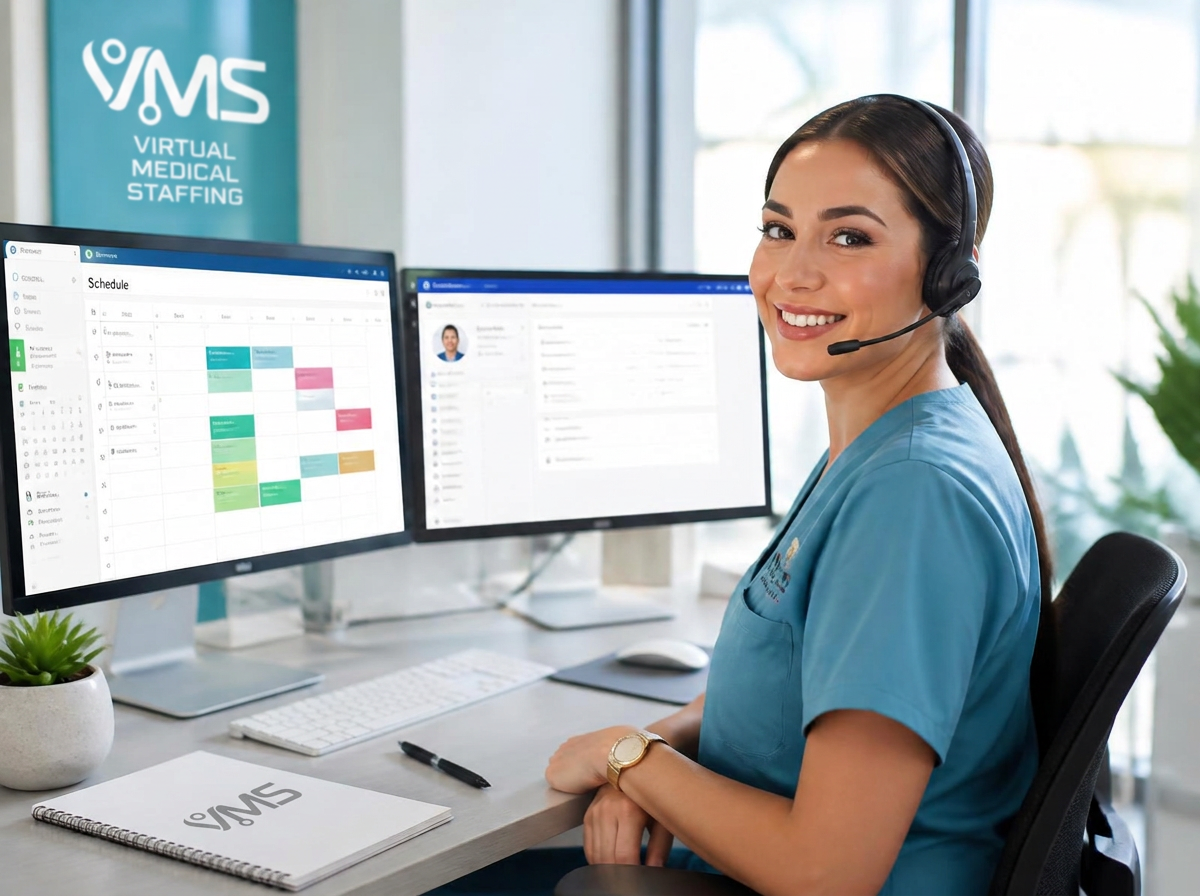 Virtual medical assistant wearing a headset managing a patient schedule on dual monitors