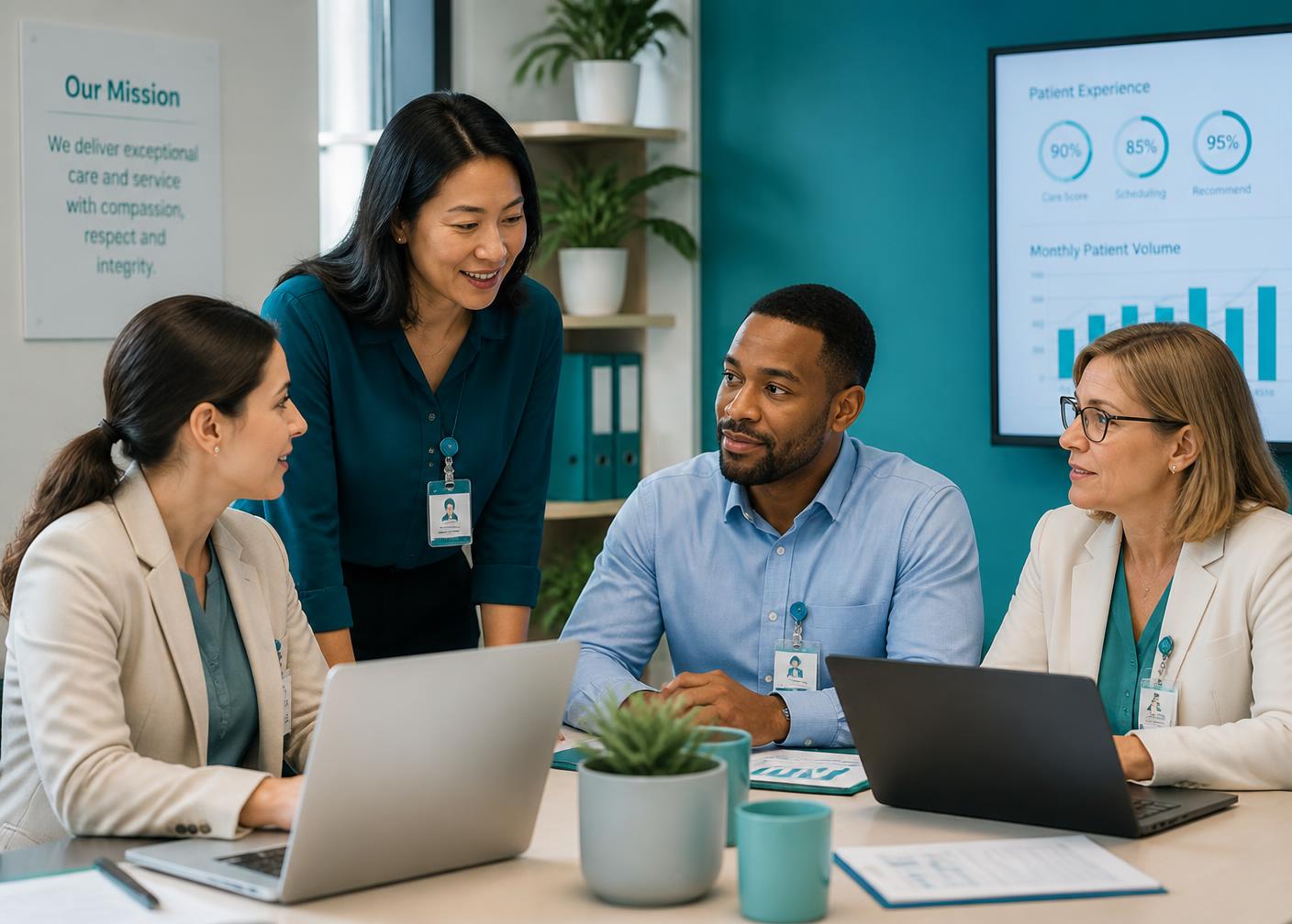 Remote healthcare administrative professionals coordinating patient workflows on their computers