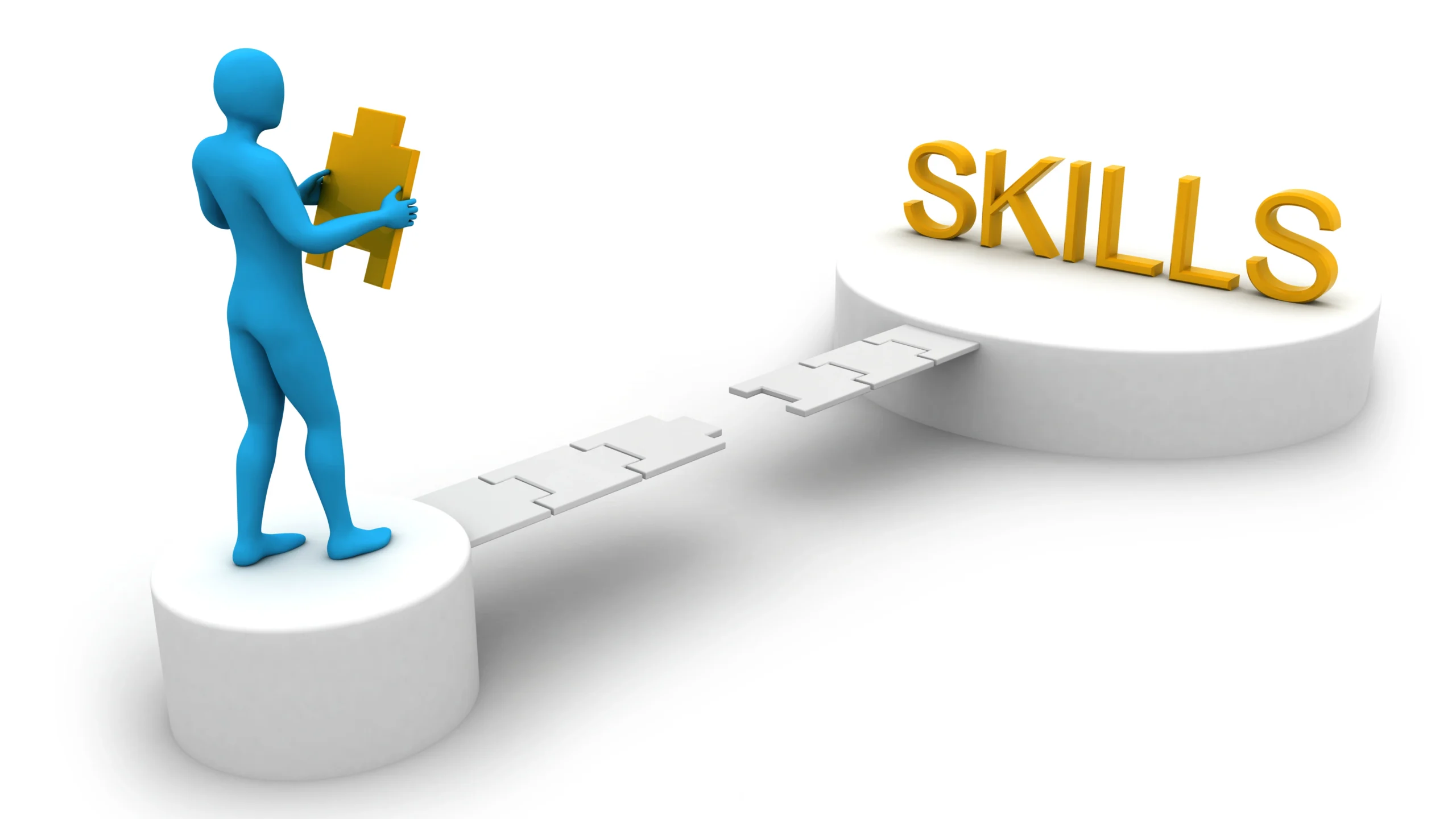 an image of a animated person holding a puzzle piece walking towards the word skills