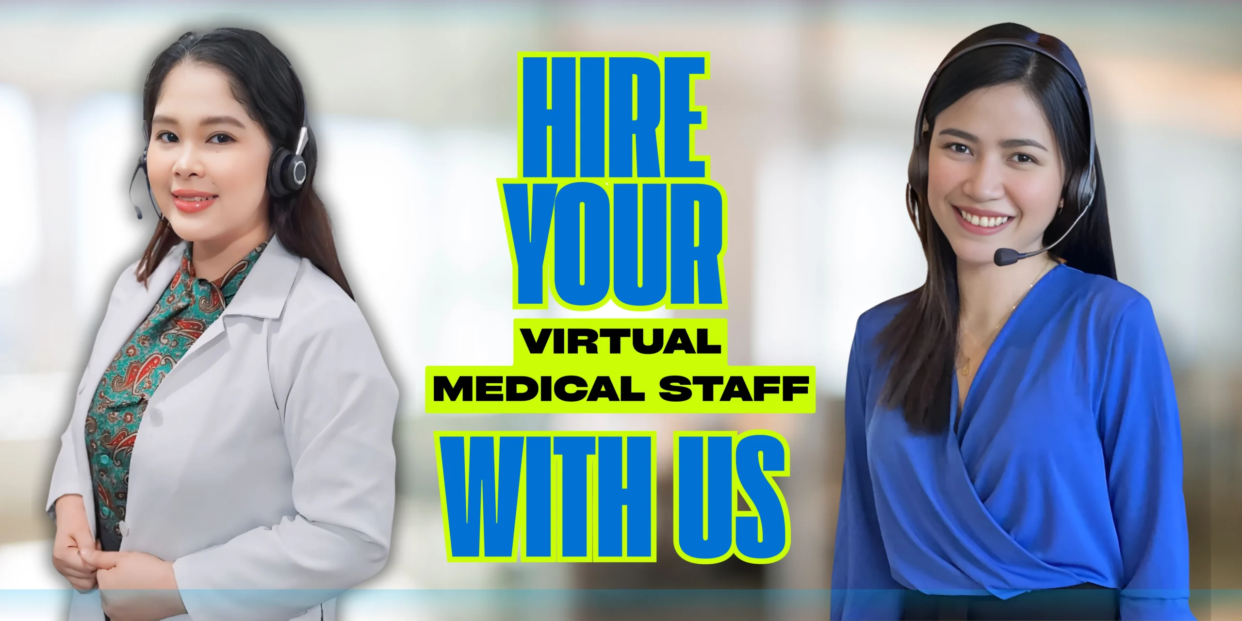 Smiling female virtual assistants wearing headsets, offering professional remote support services.