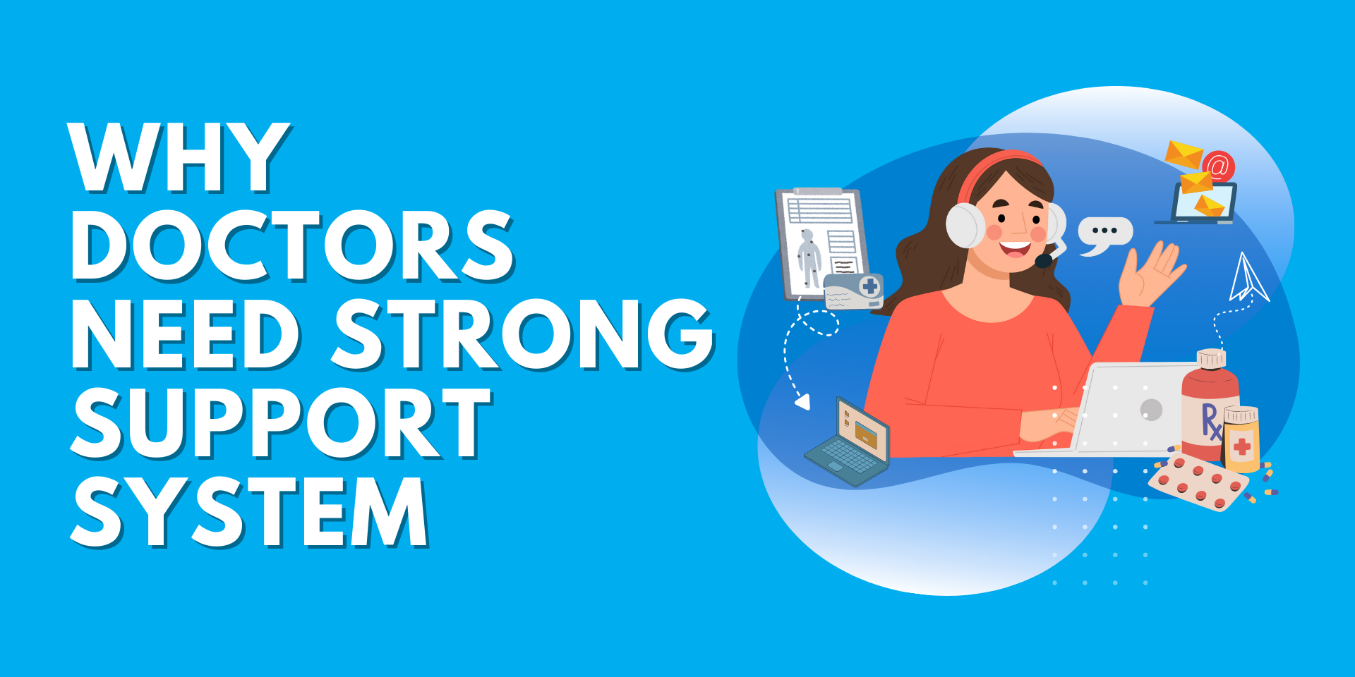 Illustration of a virtual medical assistant supporting doctors with patient records, emails, prescriptions, and scheduling tasks.
