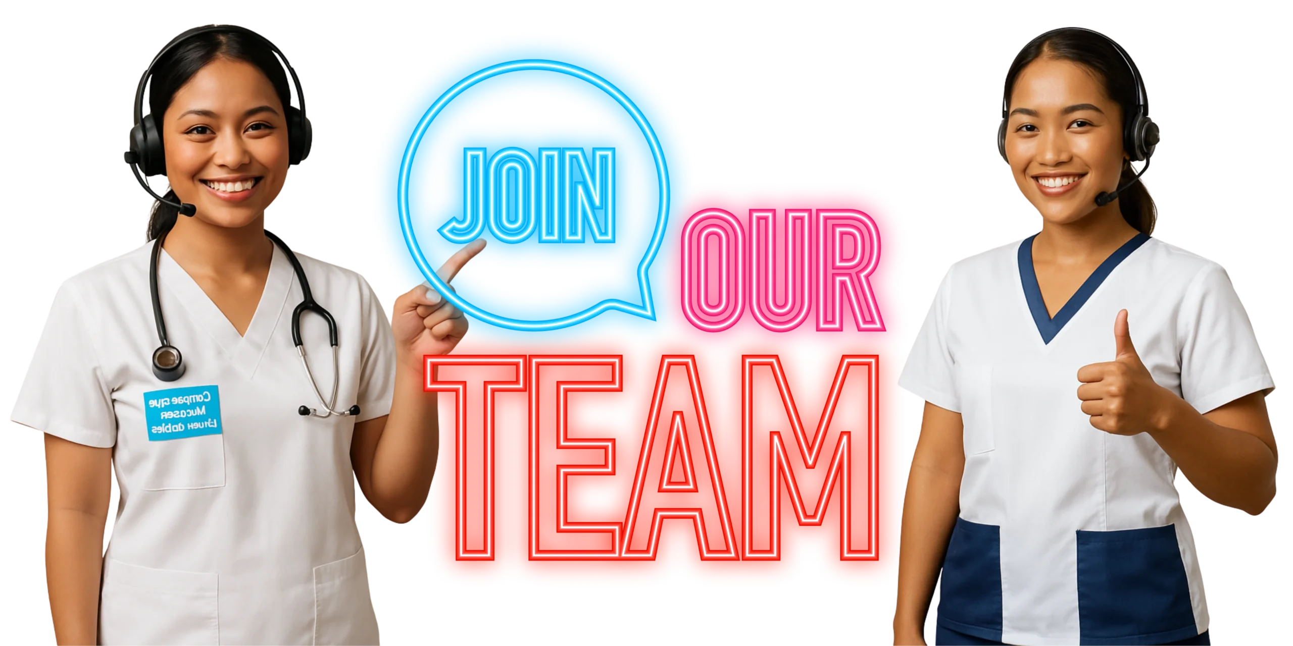 Smiling healthcare professionals wearing headsets with neon sign text “Join Our Team” – virtual medical assistant recruitment.