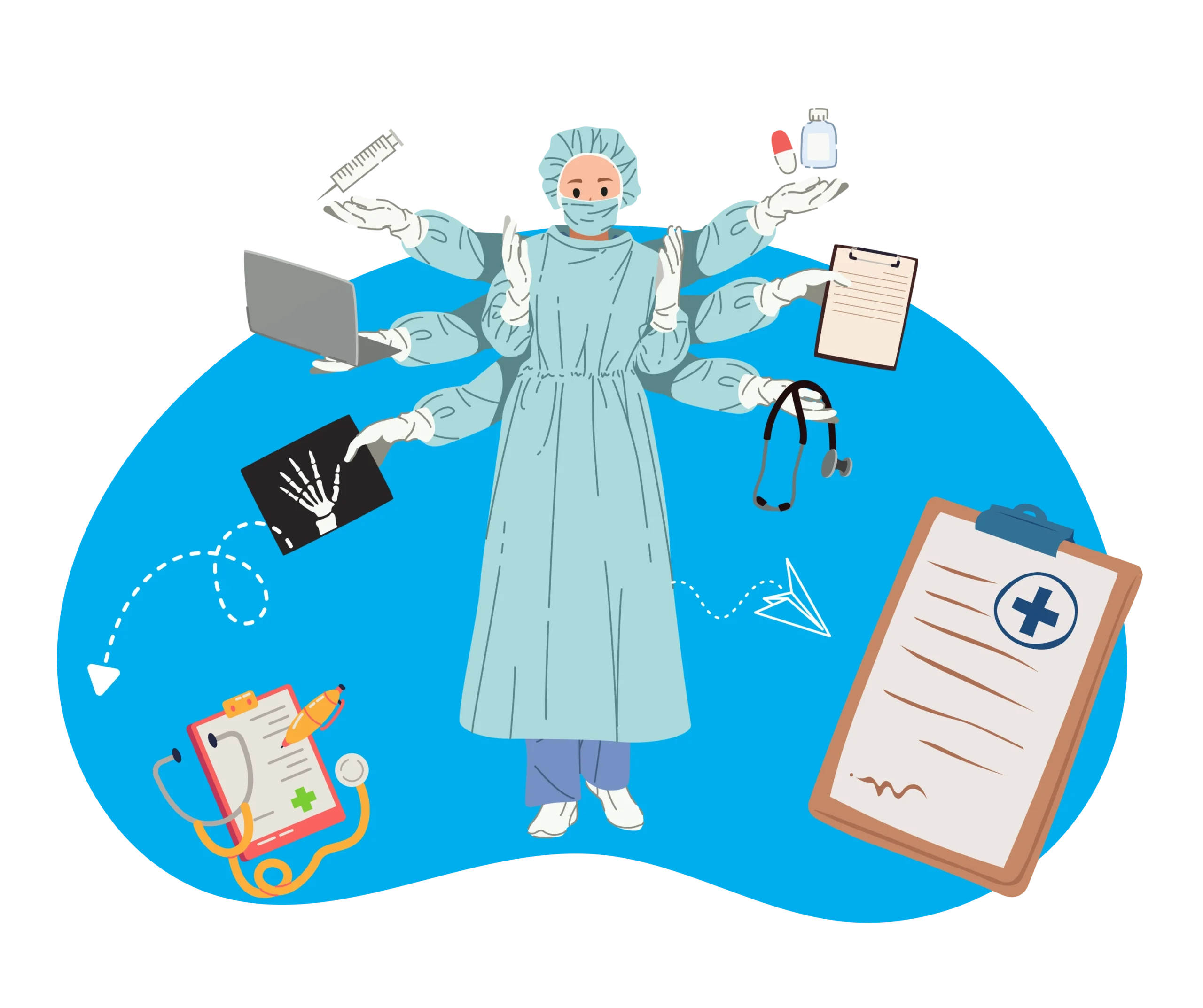 image of an animated doctor juggling through different tasks