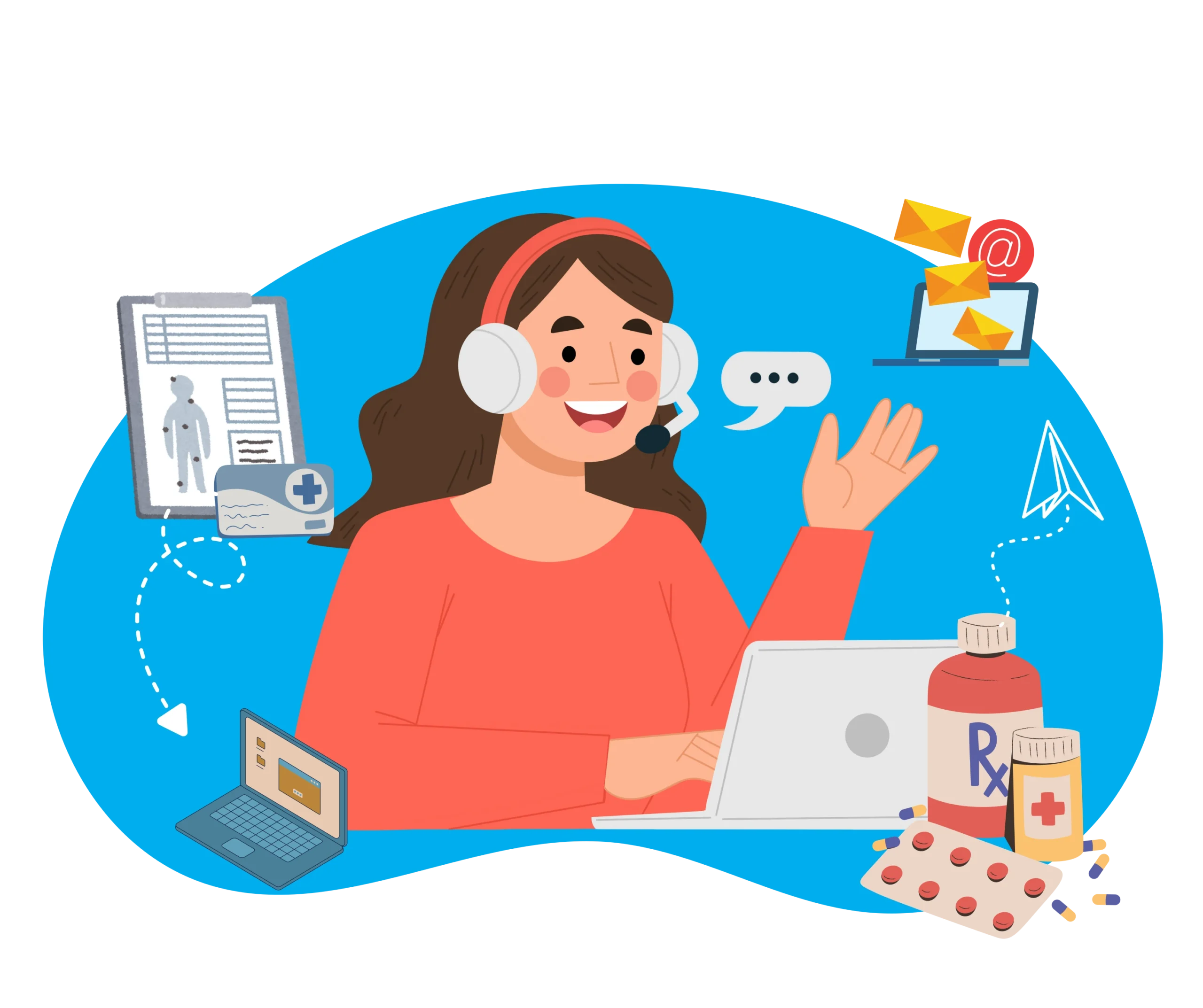 an image of an animated virtual support holding a laptop wearing a headset