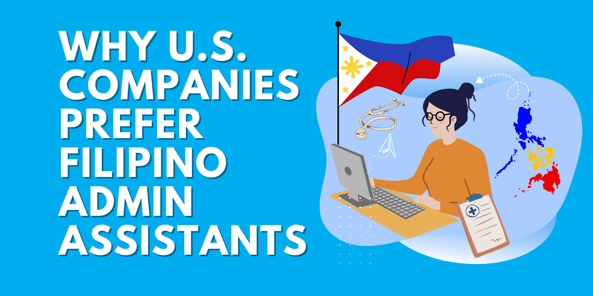 Illustration of a Filipino virtual administrative assistant supporting U.S. businesses remotely, with icons for communication, tasks, and productivity.