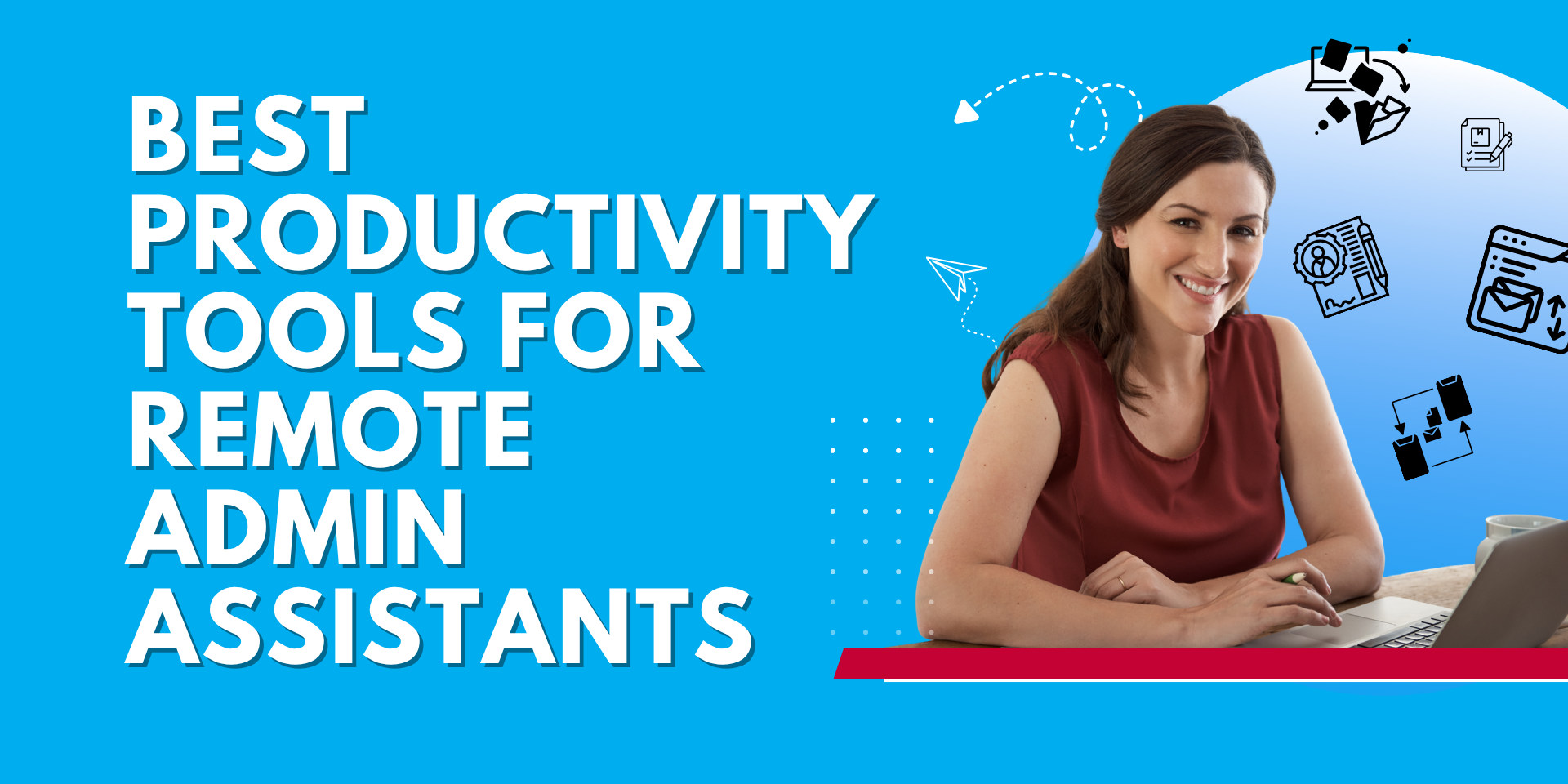 “Remote administrative assistant smiling while working on a laptop with icons of productivity tools around her.