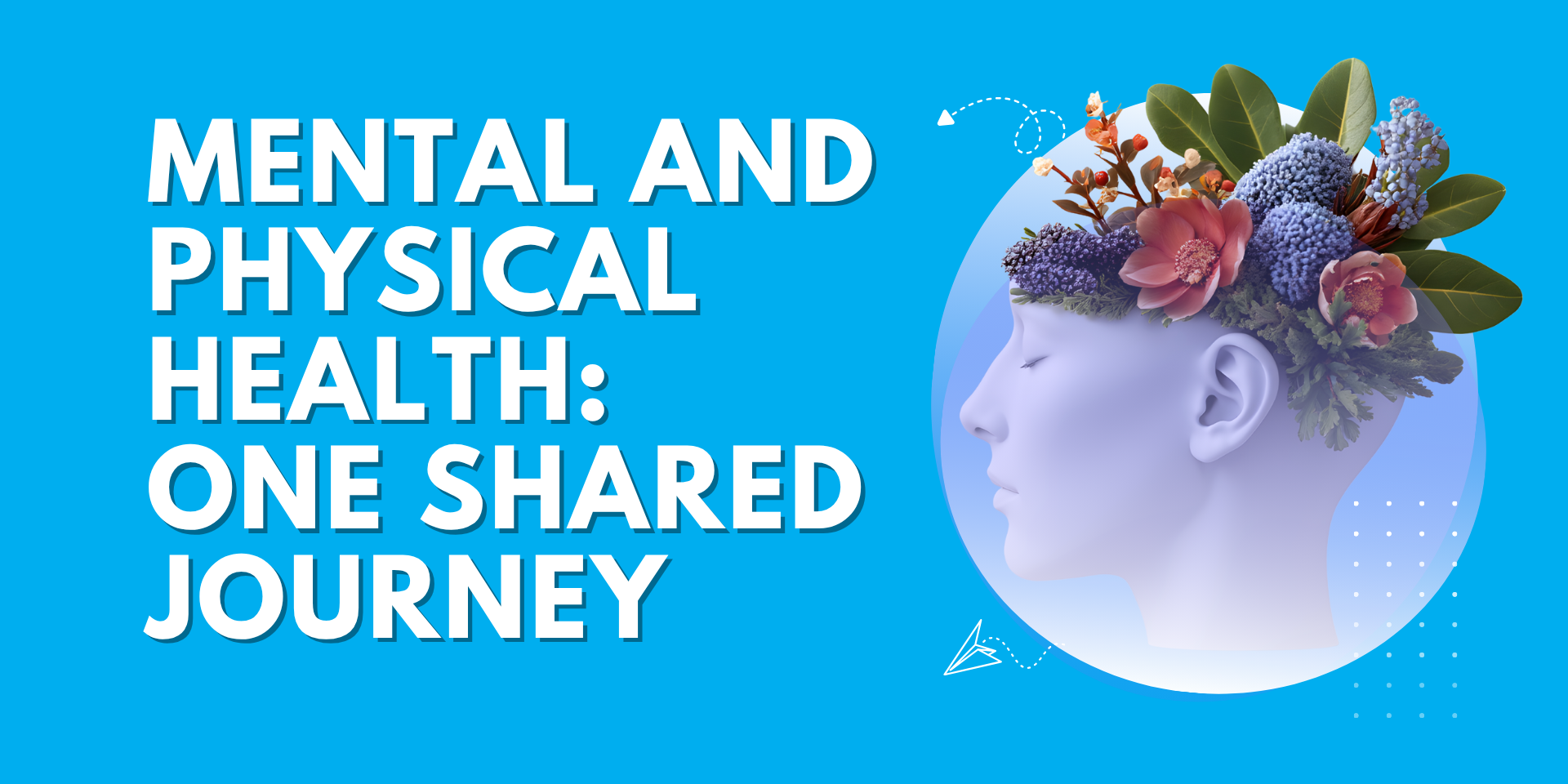 Illustration showing the connection between mental and physical health with flowers growing from a person’s head, symbolizing balance and wellness.