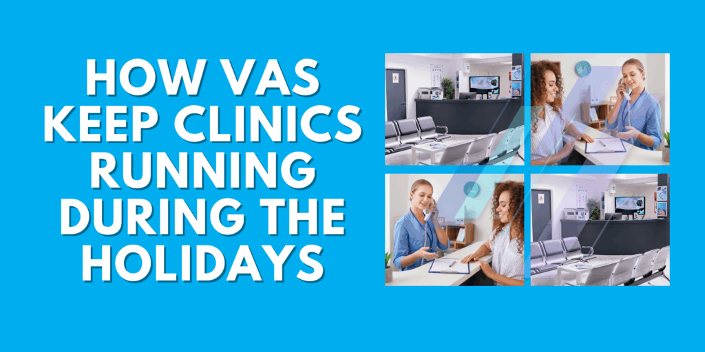 Healthcare virtual assistants working remotely shown in four panels with clinic reception area on bright blue background