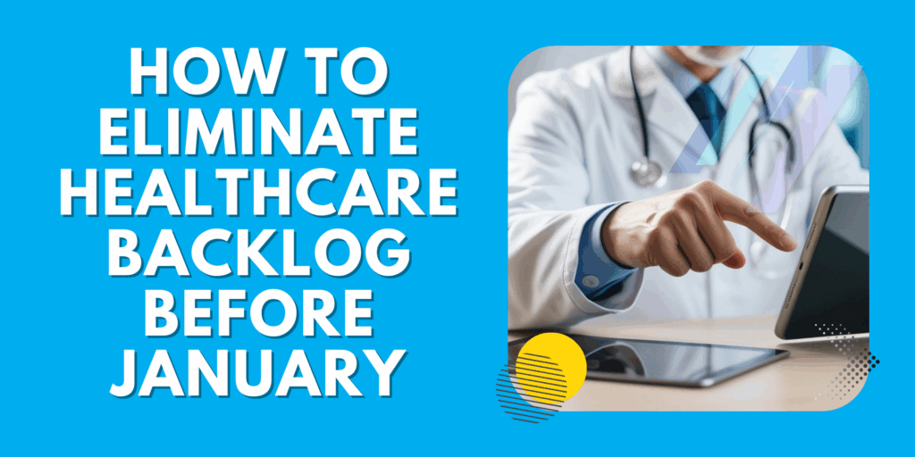 Healthcare professional in white coat with stethoscope using tablet to manage patient backlog and administrative tasks