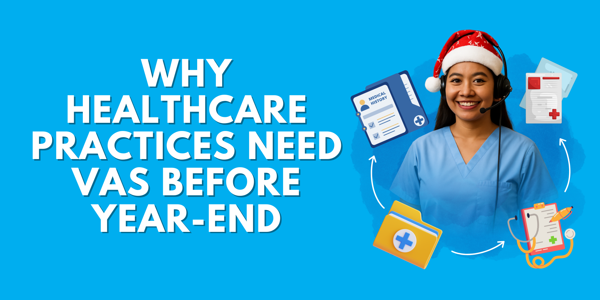 Healthcare virtual assistant wearing Santa hat and headset smiling with medical records, clipboard, and patient folders on blue background