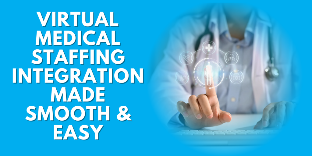 Healthcare professional using digital interface for virtual medical staffing integration with holographic medical icons