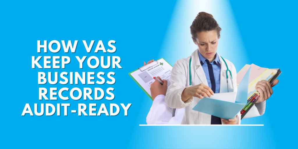 A professional woman in a white coat reviewing folders and documents on a blue background with text about VAs keeping business records audit-ready