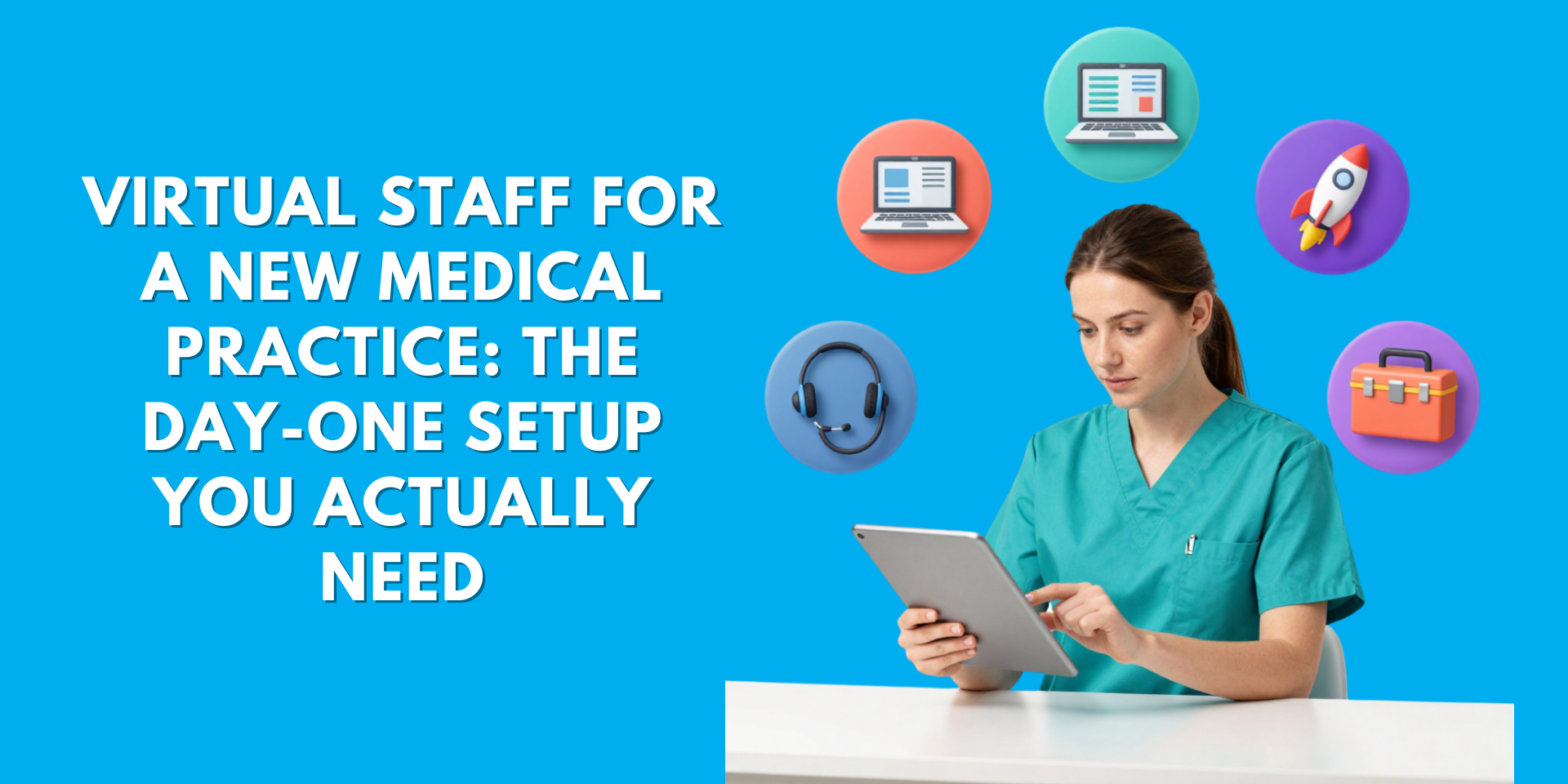 A bright blue banner with bold white text on the left reading: "VIRTUAL STAFF FOR A NEW MEDICAL PRACTICE: THE DAY-ONE SETUP YOU ACTUALLY NEED." On the right, a woman in teal medical scrubs operates a tablet at a white desk, surrounded by circular icons depicting a headset, laptops, a rocket ship, and a medical toolkit.